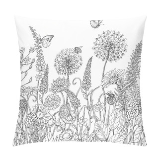 Personality  Seamless Line Pattern With Wildflowers  And Insects Pillow Covers