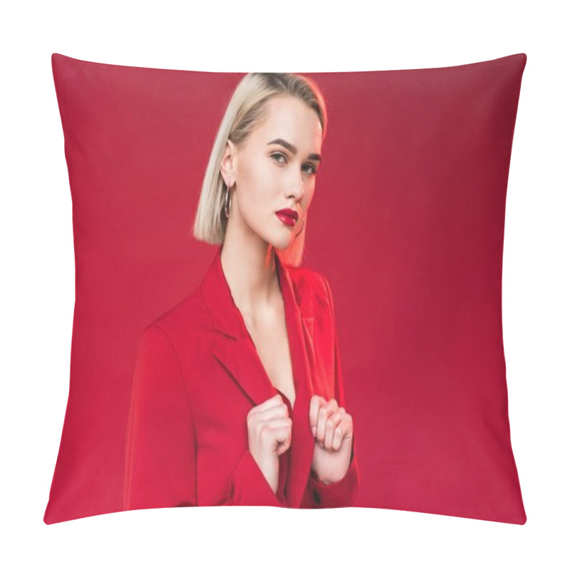 Personality  elegant girl posing in red jacket pillow covers