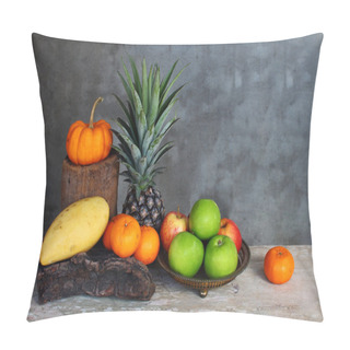 Personality  Still Life Apple, Pineapple,pumpkin Tangerine And Mango On Wood Table Pillow Covers