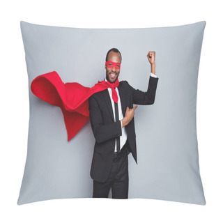 Personality  Portrait Of Nice Attractive Content Cheerful Glad Guy Wearing Suit Hero Look Clothes Demonstrating Muscles Air Wind Blow Fly Rescue Power Isolated Over Grey Pastel Color Background Pillow Covers