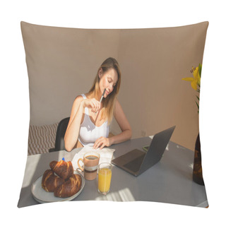 Personality  Freelancer In Top Looking At Notebook Near Devices And Breakfast At Home  Pillow Covers