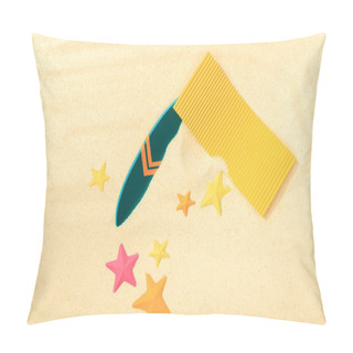 Personality  Top View Of Paper Beach With Green Surfboard, Yellow Towel And Starfishes On Textured Sand  Pillow Covers