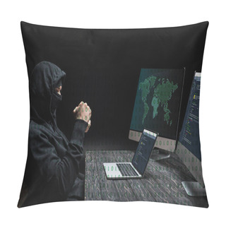 Personality  Hacker With Clenched Fists Looking At Laptop With Near Computer Monitors With World Map On Black  Pillow Covers
