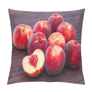 Personality  Closeup Of Whole Ripe Red Peaches On Wooden Table. Vitamin Fruits Pillow Covers