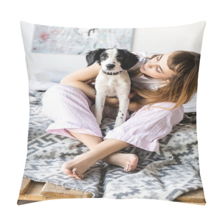 Personality  Young Woman Hugging Puppy While Sitting On Bed In Morning At Home Pillow Covers