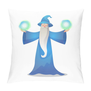 Personality  Wizard Character In Action Poses. Colorful Raster Illustration In Flat Cartoon Style Pillow Covers
