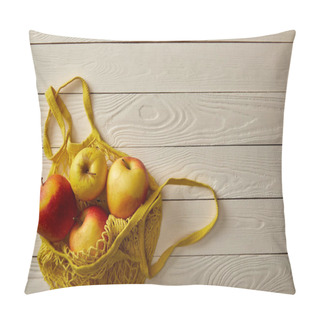 Personality  Top View Of String Bag Full Of Rape Apples On White Wooden Surface, Zero Waste Concept Pillow Covers
