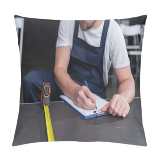Personality  Cropped Image Of Male Handyman Making Measurements And Writing In Clipboard Pillow Covers
