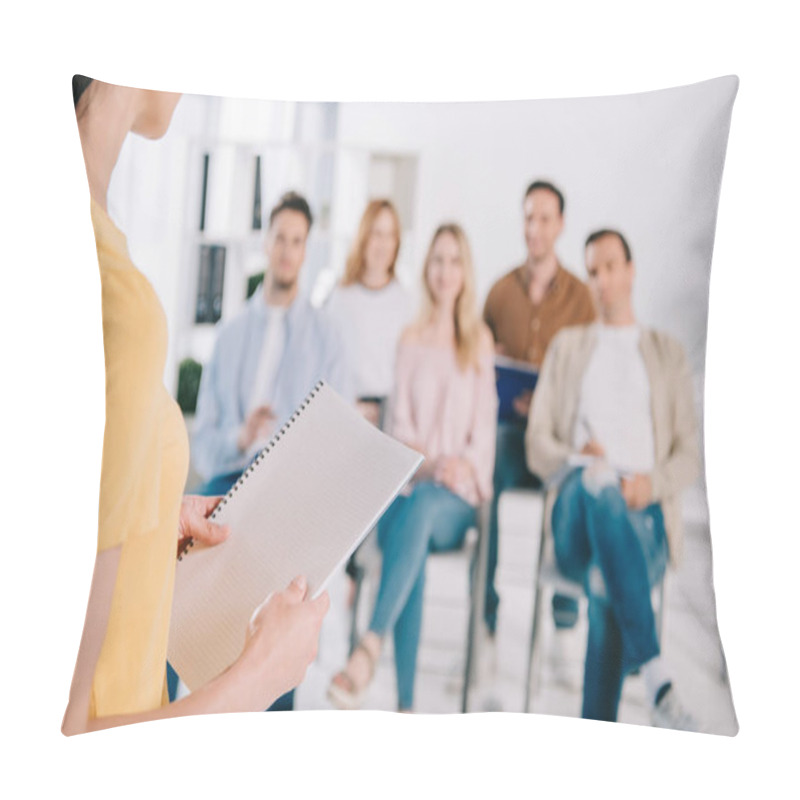 Personality  selective focus of business people listening to female mentor during business training pillow covers