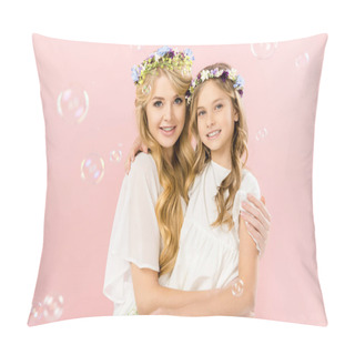 Personality  Beautiful Woman Hugging Adorable Daughter While Soap Bubbles Flying Around On Pink Background Pillow Covers