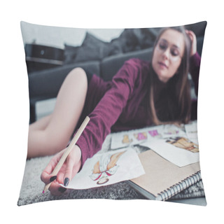 Personality  Beautiful Designer Lying On Carpet And Holding Pencil And Sketch At Home Pillow Covers