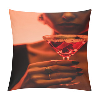 Personality  Margarita Cocktail With Salt On Glass In Hand Of Woman On Blurred Orange Background  Pillow Covers