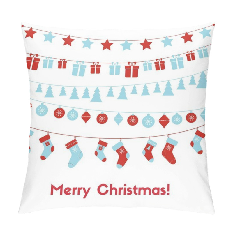 Personality  Christmas greeting card with festive garlands, christmas toys, stockings, gift boxes pillow covers