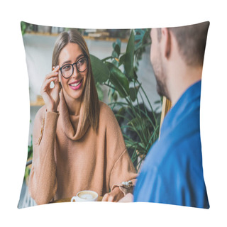 Personality  Young Attractive Couple Drinking Coffee On Date In Coffee Shop Pillow Covers