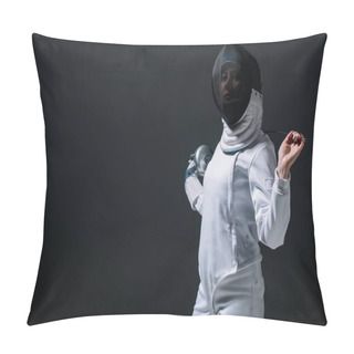 Personality  Fencer In Fencing Mask Looking At Camera While Holding Rapier Isolated On Black  Pillow Covers