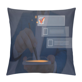 Personality  Hand Pen Check Checking Red Mark Empty Square Rectangular Shapes Digital Screen Showing And Prioritizing The Most Important. Checklist Ticking Remark The Things To Do List. Pillow Covers