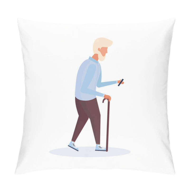 Personality  old man character using smartphone elderly grandfather walking isolated full length flat cartoon pillow covers