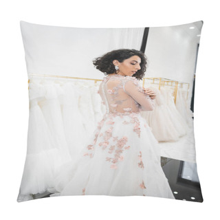 Personality  Elegant Middle Eastern And Brunette Woman With Wavy Hair Standing In Gorgeous And Floral Wedding Dress Inside Of Luxurious Bridal Salon Around White Tulle Fabrics, Bridal Shopping, Looking Away  Pillow Covers