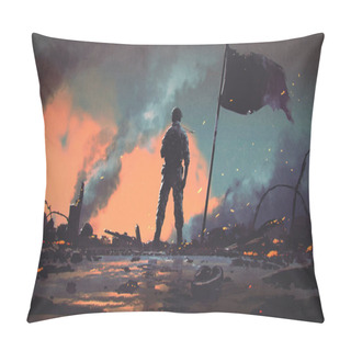 Personality  Soldier Standing Alone After The War In Battlefield, Digital Art Style, Illustration Painting Pillow Covers