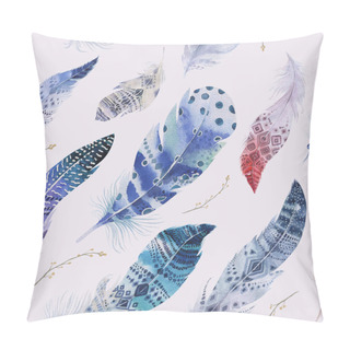 Personality  Feathers Pattern. Watercolor Elegant Background. Watercolour Col Pillow Covers