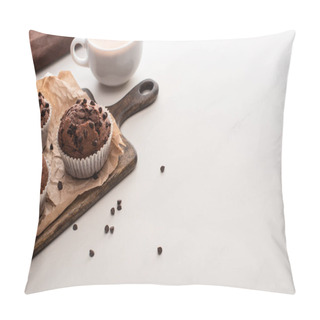 Personality  Fresh Chocolate Muffins On Wooden Cutting Board Near Coffee Pillow Covers