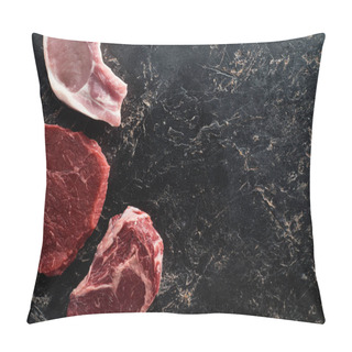 Personality  Top View Of Raw Beef And Pork Parts On Black Marble Surface Pillow Covers