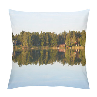 Personality Country Houses, Evergreen Trees And A River At Sunset, Latvia. Symmetry Reflections On The Water. Autumn Landscape, Idyllic Rural Scene. Environmental Conservation, Eco Tourism Theme Pillow Covers