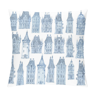 Personality  Set Of Fantasy Hand Drawn Sketches Of Houses. Fairy Tale Castle, Old Medieval Town, Tower Silhouette. T-shirt Print. Blue And White Painting. Batik, Album Cover, Print, Game Location Elements Pillow Covers
