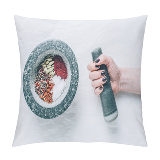 Personality  Cropped Image Of Woman Holding Pestle Near Mortar With Spices On White Table Pillow Covers