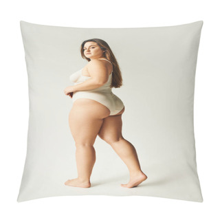 Personality  Full Length Of Brunette And Curvy Woman Wearing Beige Bodysuit And Standing With Bare Feet On Grey Background, Self-esteem, Figure Type, Looking At Camera, Body Positivity Movement  Pillow Covers