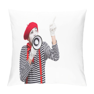 Personality  Mime Speaking In Megaphone And Pointing Up Isolated On White Pillow Covers