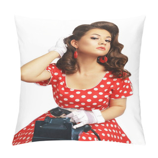 Personality  Beautiful Pinup Girl In Red Polka Dot Dress With Hollywood Waves Hairdo Pillow Covers
