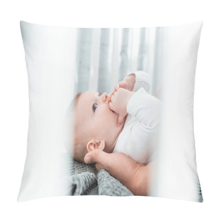 Personality  Cropped View Of Man Touching Cute Infant Lying In Baby Cot, Selective Focus Pillow Covers