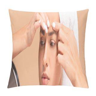Personality  Panoramic Shot Of Young Woman In Towel Squeezing Pimple And Looking At Mirror Isolated On Beige  Pillow Covers