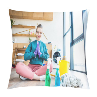 Personality  Beautiful Young Woman Sitting On Floor And Meditating While Cleaning House  Pillow Covers