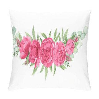 Personality  Watercolor Bouquet With Bright Pink Peonies, Eucalyptus Branches And Green Leaves Isolated On A White Background, Hand-drawn. For Textile, Greeting Card, Wrapping Paper, Wedding Invitations.  Pillow Covers