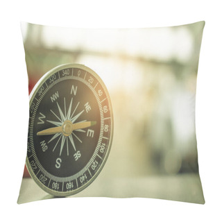 Personality  Holding Compass On Tree Mountain And Sea Blurry Background. Using Wallpaper Or Background Travel Or Navigator Image. Pillow Covers
