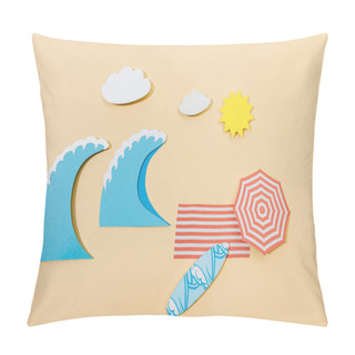 Personality  Top View Of Paper Cut Summer Beach On Beige Background Pillow Covers