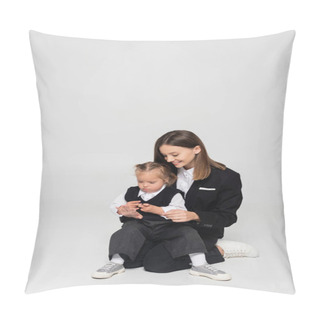 Personality  Happy Mother Touching Hand Of Child With Down Syndrome Isolated On Grey Pillow Covers