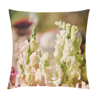 Personality  White And Pink Flowers On Table In Garden Pillow Covers