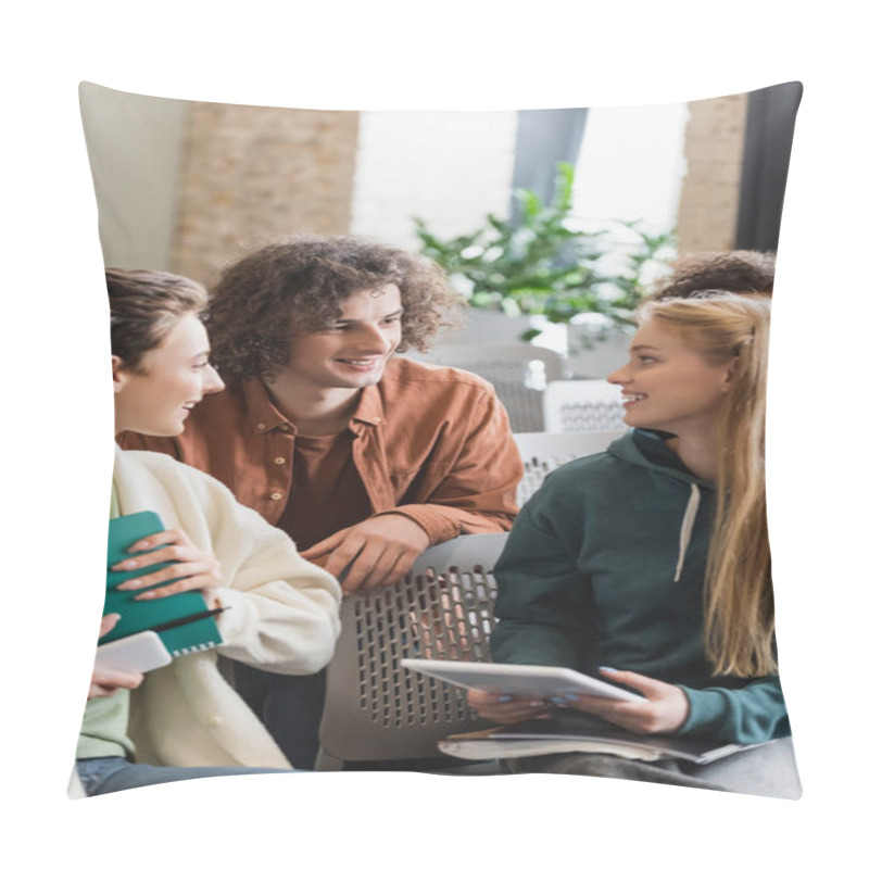 Personality  Young And Happy Students Looking At Each Other While Talking In Classroom Pillow Covers