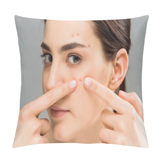 Personality  Young Woman With Acne Touching Face And Looking At Camera Isolated On Grey  Pillow Covers
