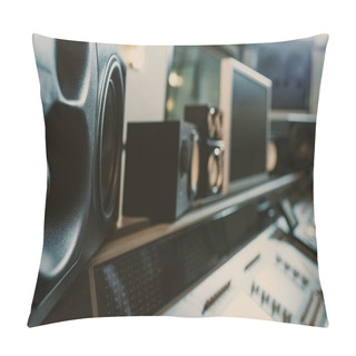 Personality  Close-up Shot Of Dynamic Monitors At Recording Studio Pillow Covers