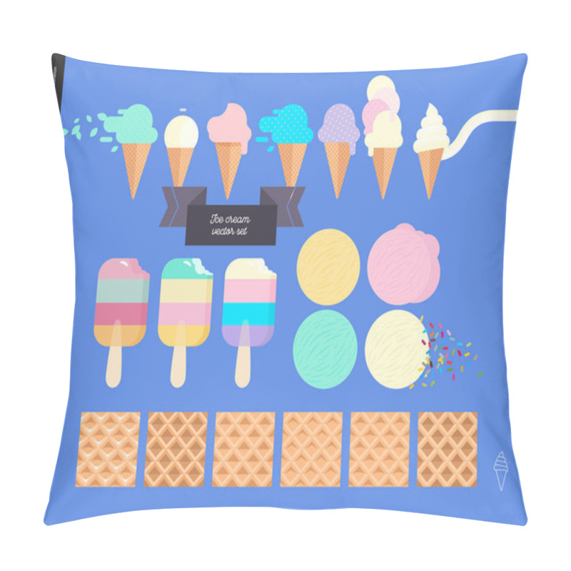 Personality  Ice cream scoops in waffle cones set on a blue background pillow covers