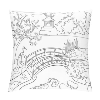 Personality  Nature Of Japan Coloring Book For Children Cartoon. Japanese Garden Vector Illustration Pillow Covers
