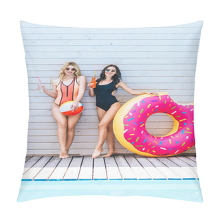 Personality  Beautiful Young Women With Beach Items And Summer Drinks Smiling At Camera At Poolside   Pillow Covers