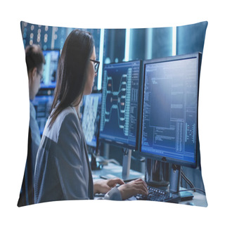 Personality  Over The Shoulder Footage Of Female IT Engineer Working In Monit Pillow Covers