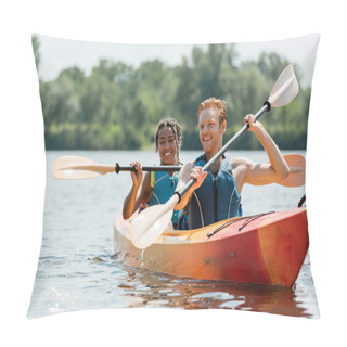 Personality  Active Redhead Man And Charming African American Woman In Life Vests Spending Time On River While Sailing In Sportive Kayak On Picturesque Lake On Blurred Background In Summer Pillow Covers
