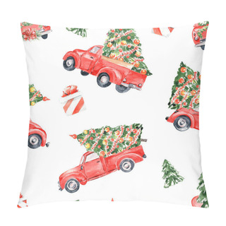 Personality  Watercolor Red Christmas Truck Seamless Pattern. Hand Drawn Vintage Red Truck Pattern With Christmas Tree Holiday Clipart, Wrapping Paper, Greeting Cards Pillow Covers