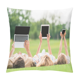 Personality  Family Lying On Grass And Using Digital Devices With Blank Screens Pillow Covers